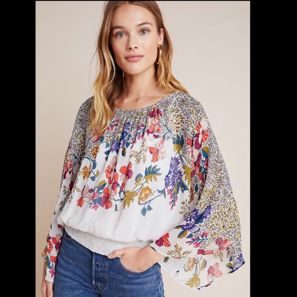 Anthropologie White Floral Peasant Blouse with Multicolor Print